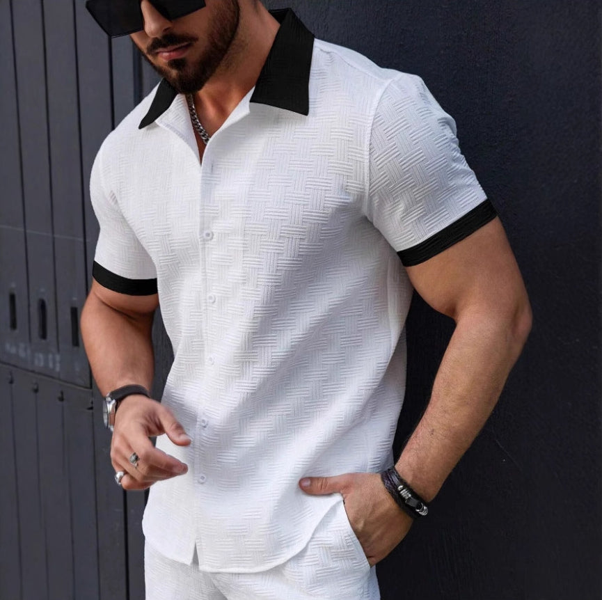 Men's Fashion Short Sleeves Jacquard Striped Business Casual Shirt White