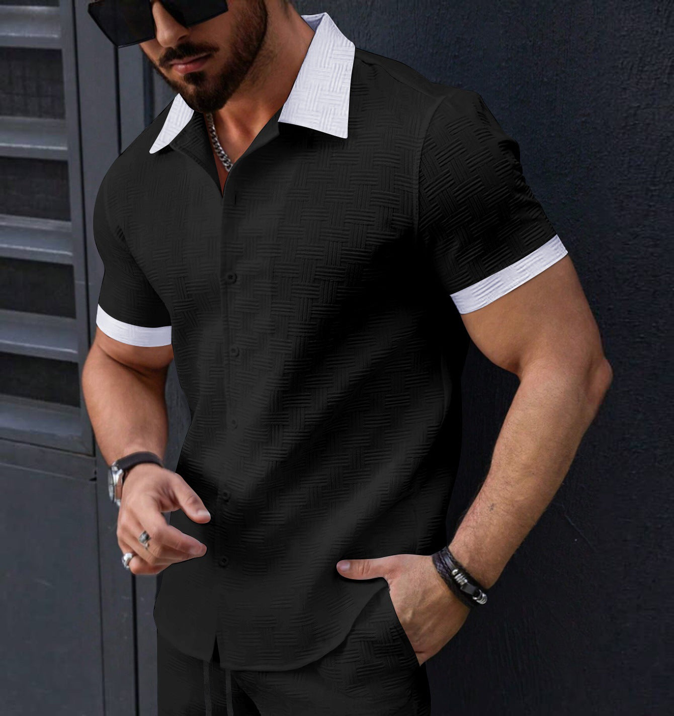 Men's Fashion Short Sleeves Jacquard Striped Business Casual Shirt Black