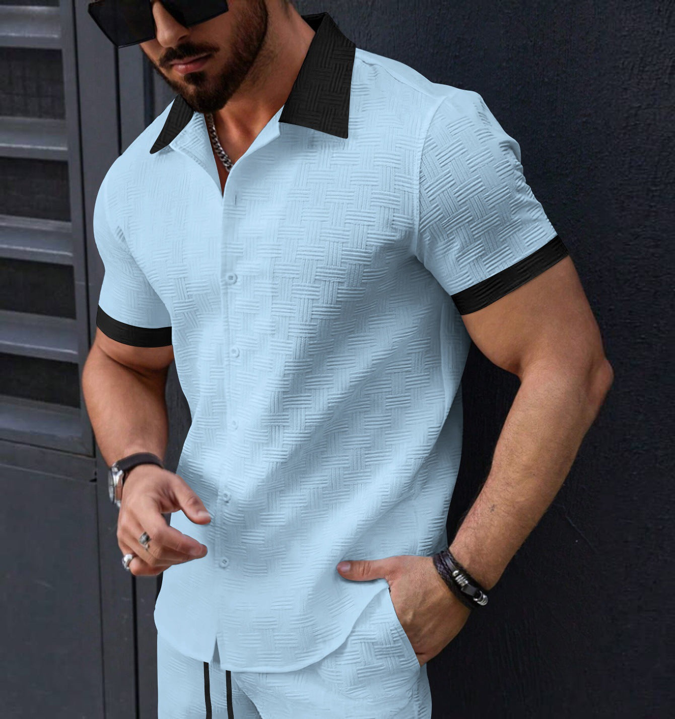 Men's Fashion Short Sleeves Jacquard Striped Business Casual Shirt Blue