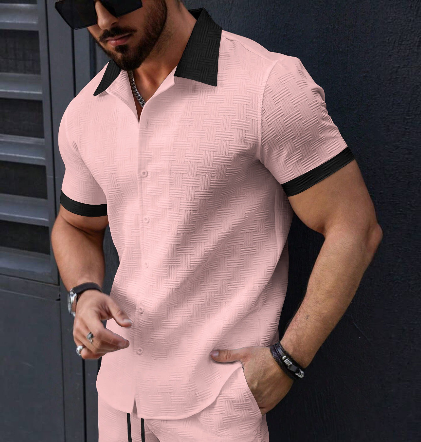 Men's Fashion Short Sleeves Jacquard Striped Business Casual Shirt Pink