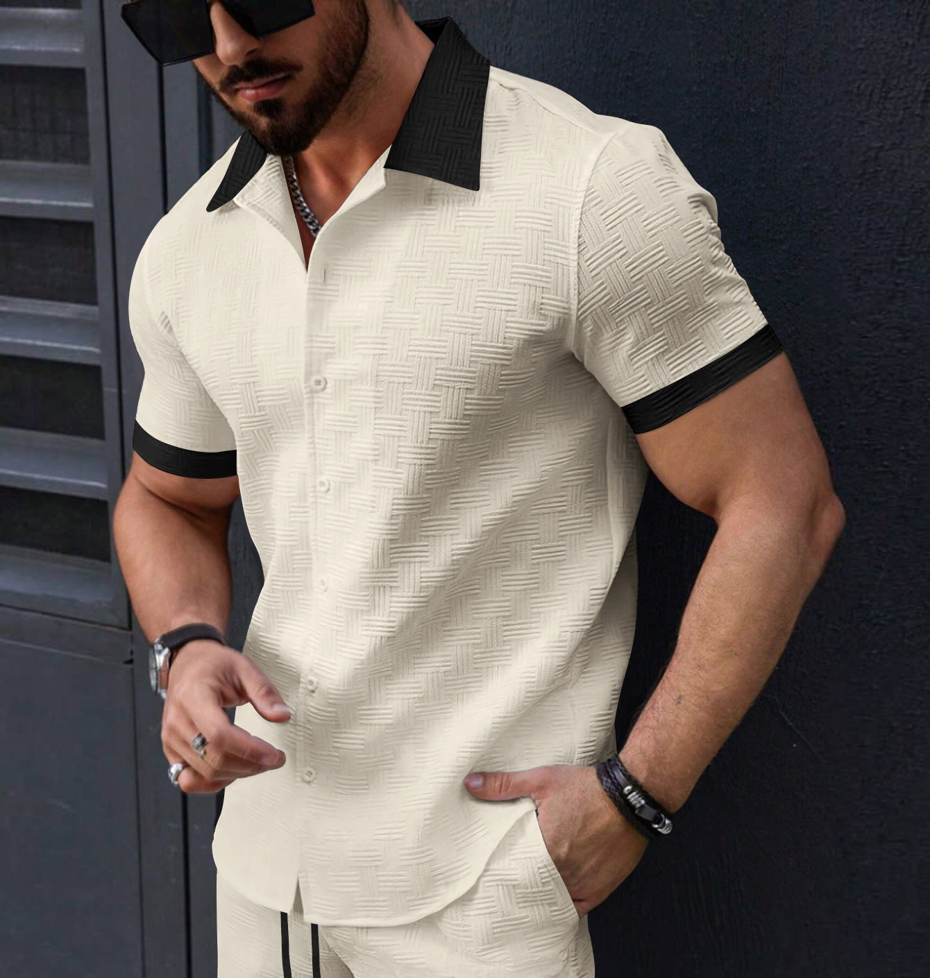 Men's Fashion Short Sleeves Jacquard Striped Business Casual Shirt Apricot