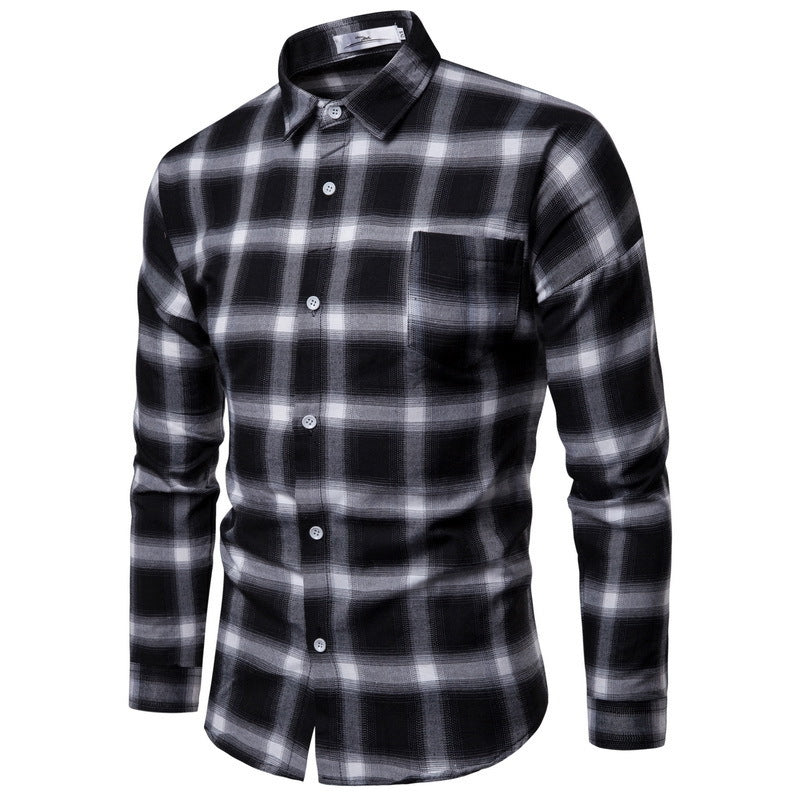 Men's Loose Long Sleeves Casual Plaid Shirt Black & White