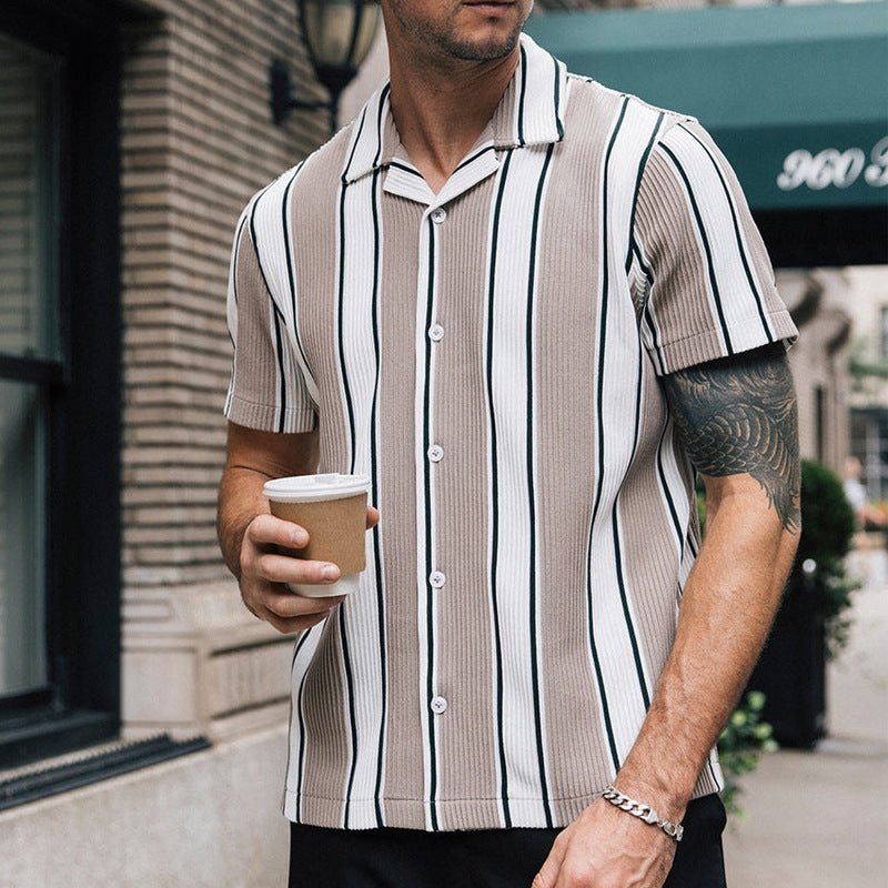 Men's Loose Short Sleeves Casual Striped Shirt Gray