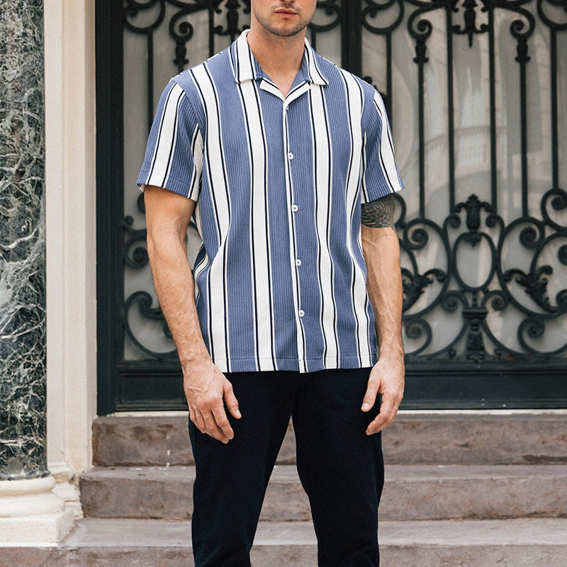 Men's Loose Short Sleeves Casual Striped Shirt Blue