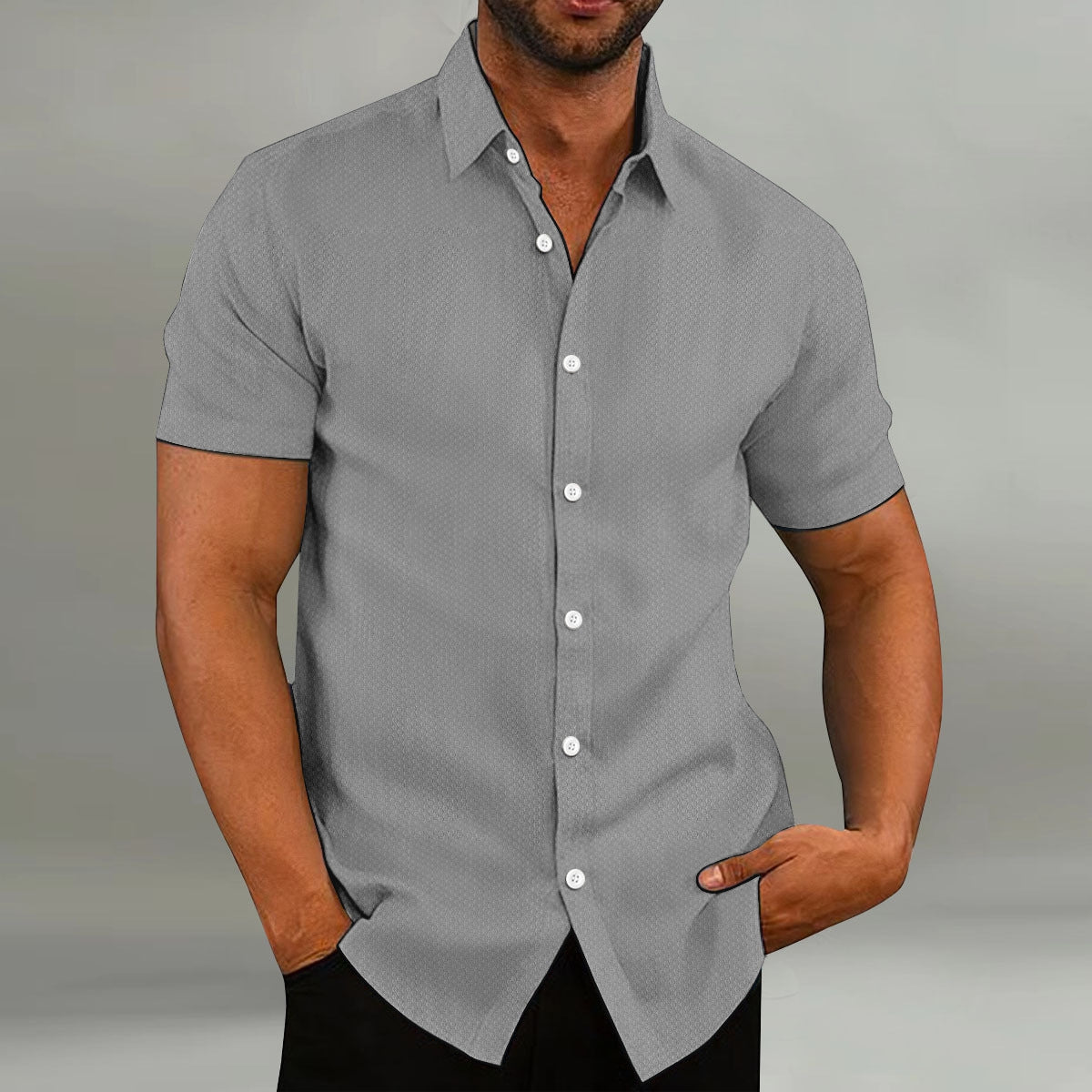 Fashion Men's Shirt Casual Breathable Lapel Solid Color Short Sleeve Shirt Gray