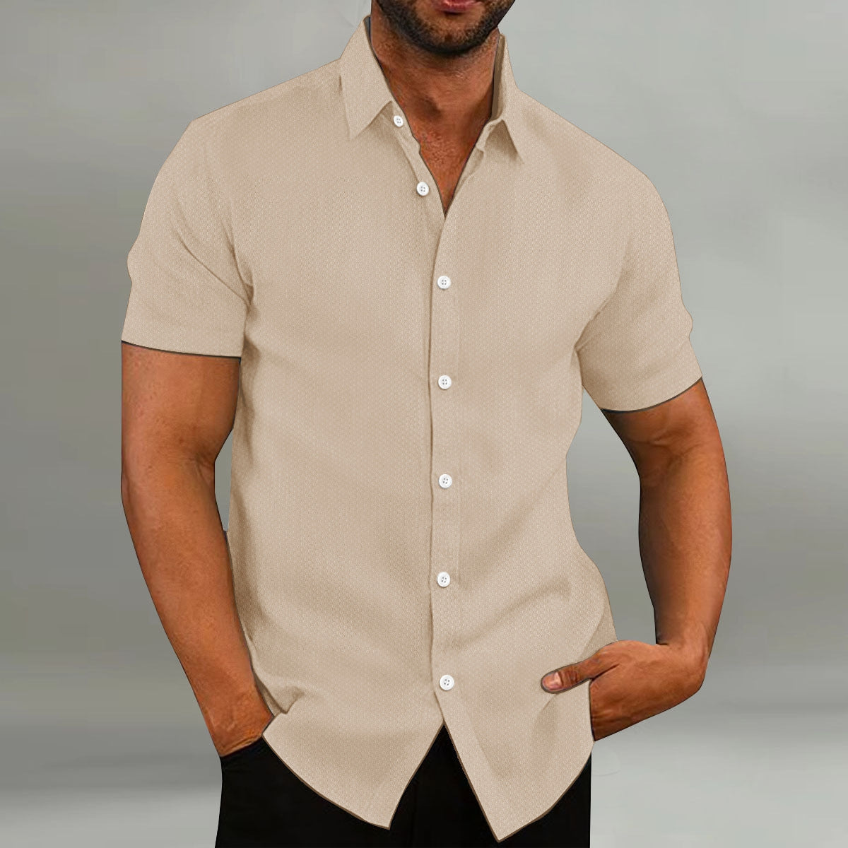 Fashion Men's Shirt Casual Breathable Lapel Solid Color Short Sleeve Shirt Apricot