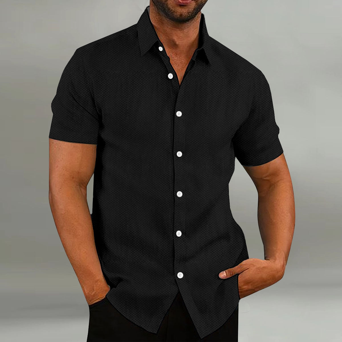 Fashion Men's Shirt Casual Breathable Lapel Solid Color Short Sleeve Shirt Black