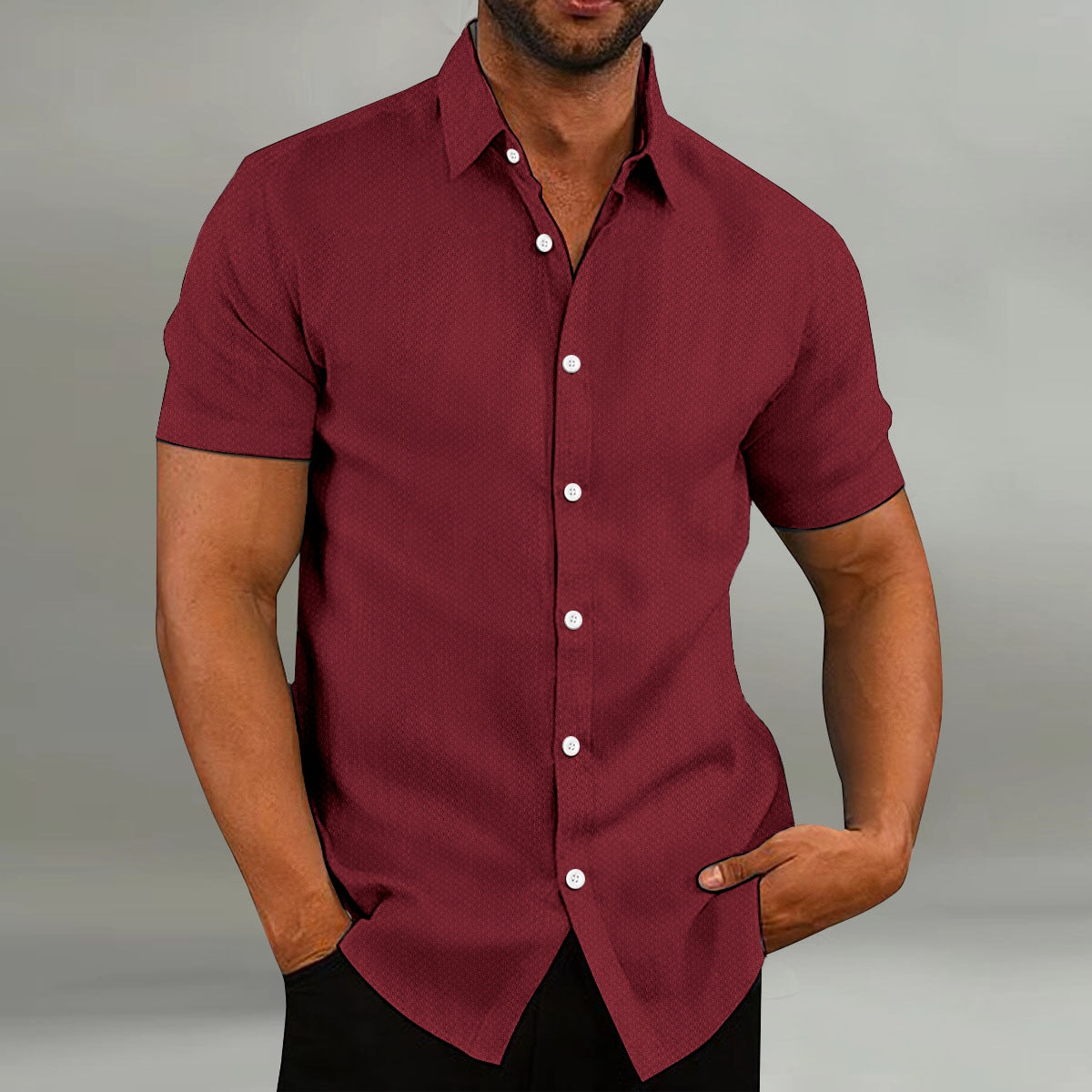 Fashion Men's Shirt Casual Breathable Lapel Solid Color Short Sleeve Shirt Wine Red