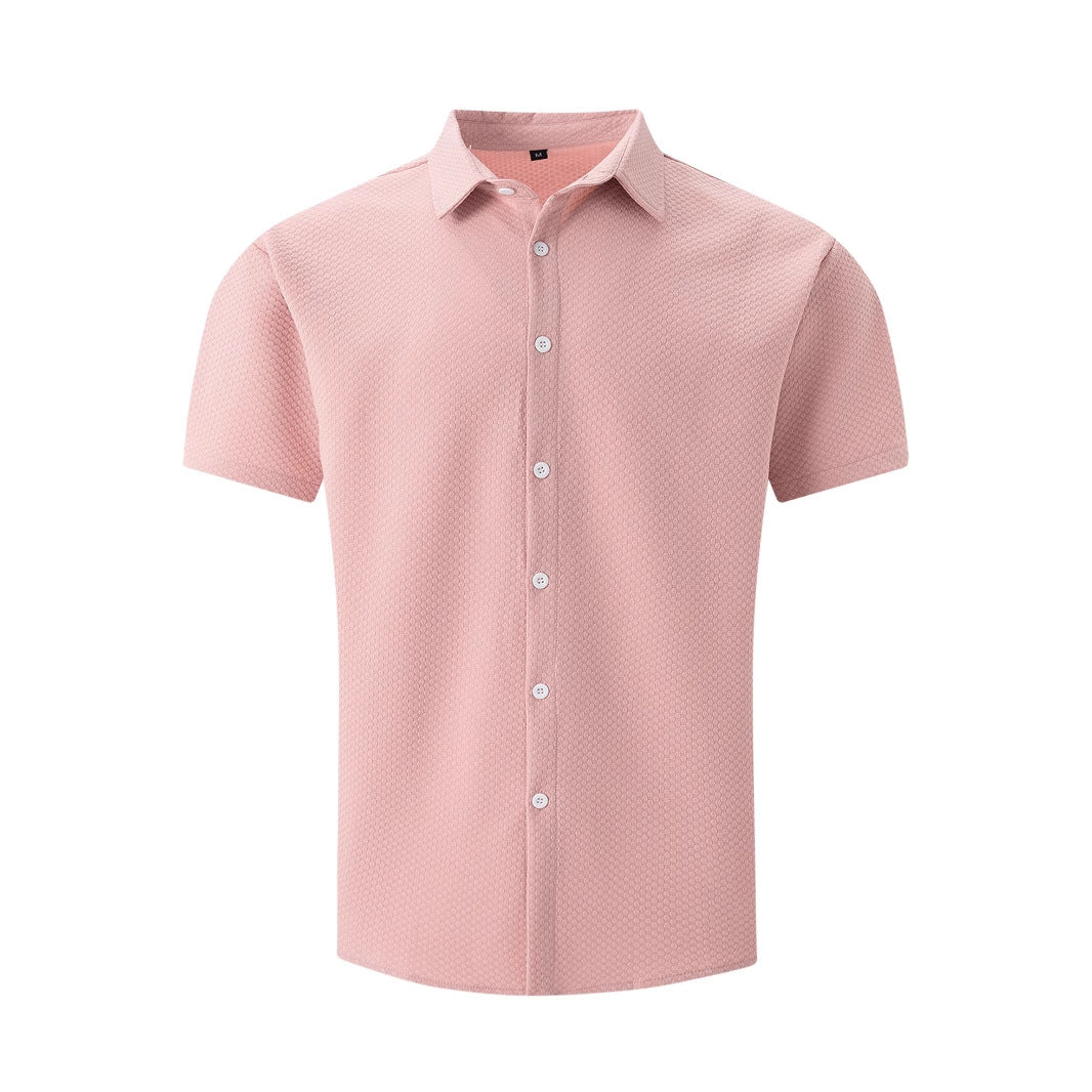 Fashion Men's Shirt Casual Breathable Lapel Solid Color Short Sleeve Shirt Pink