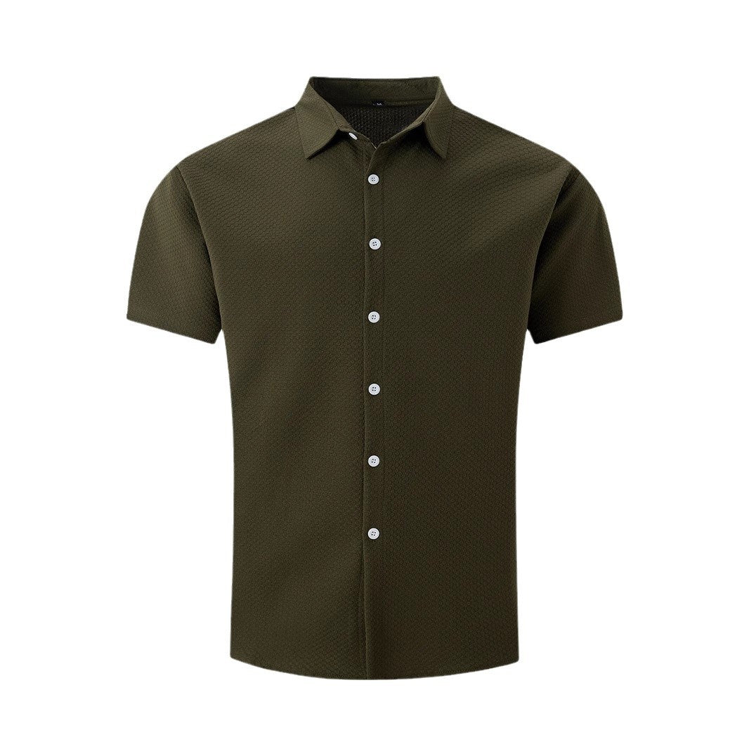 Fashion Men's Shirt Casual Breathable Lapel Solid Color Short Sleeve Shirt Army Green