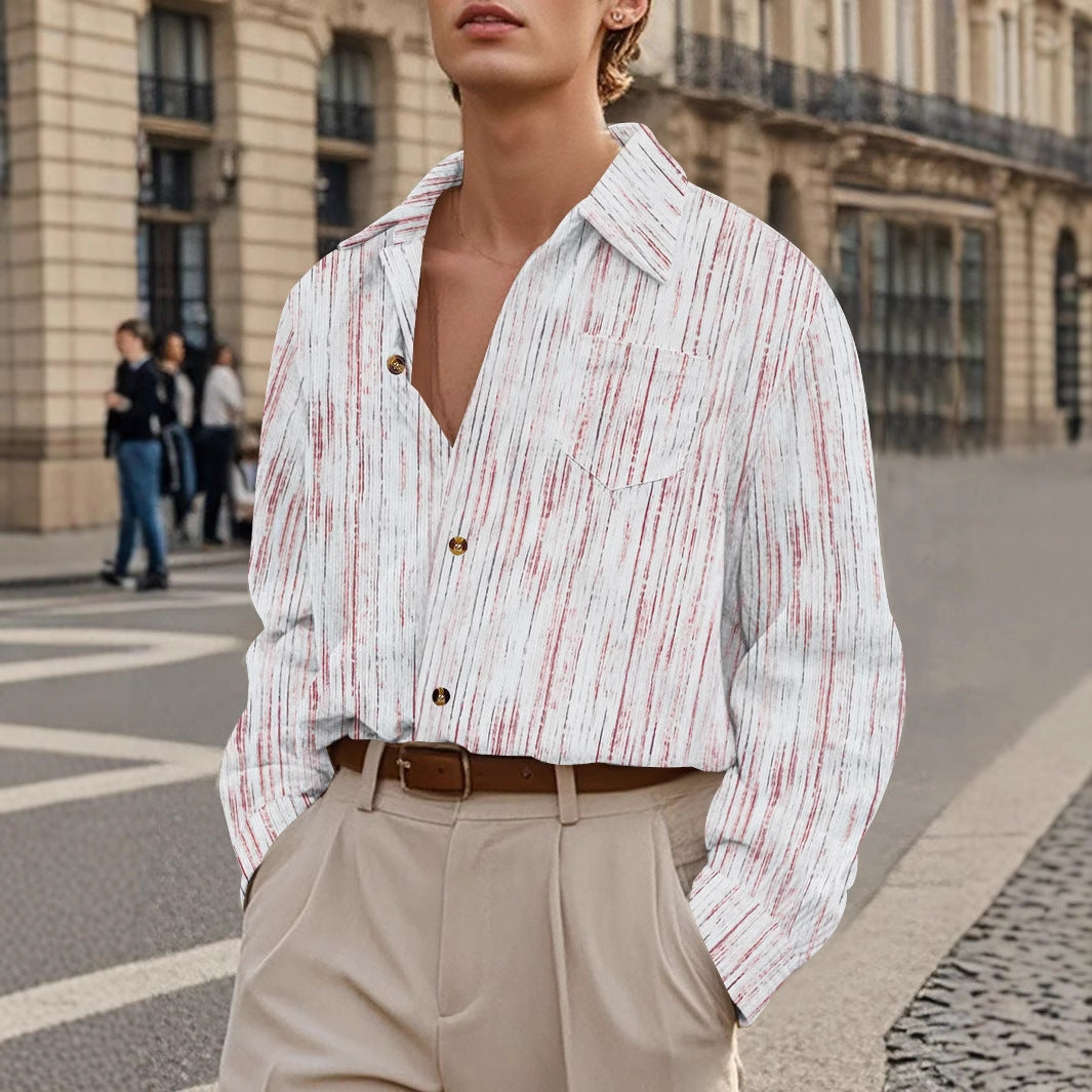 Men's Long Sleeves Vintage Striped Casual Shirt with Pocket Wine Red