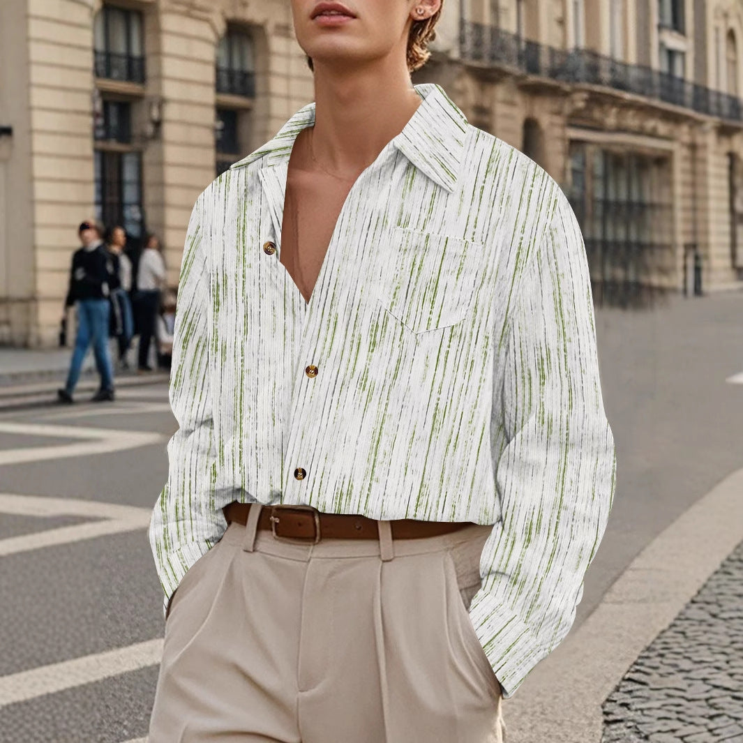 Men's Long Sleeves Vintage Striped Casual Shirt with Pocket Army Green