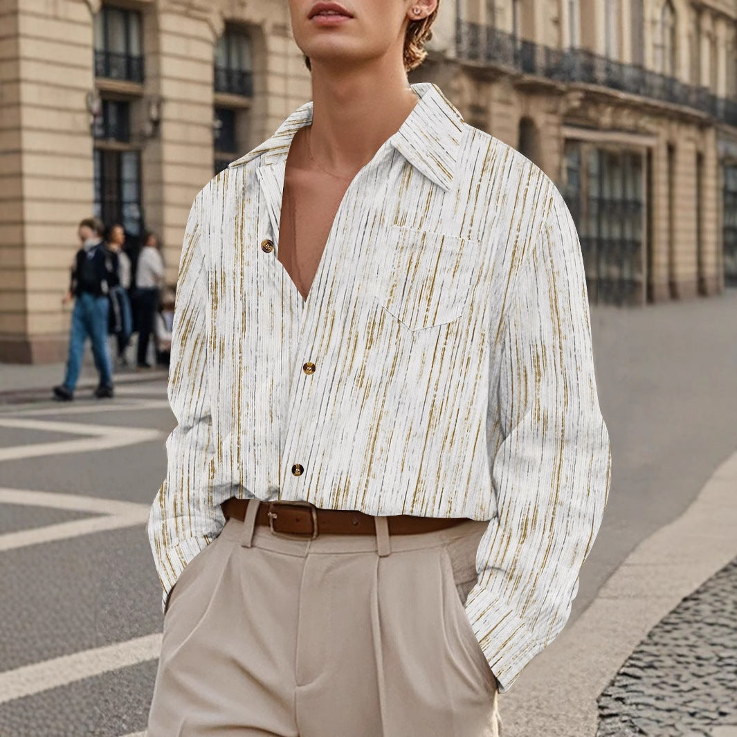 Men's Long Sleeves Vintage Striped Casual Shirt with Pocket Khaki