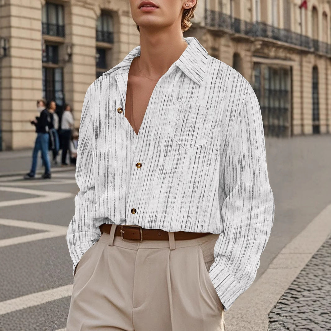 Men's Long Sleeves Vintage Striped Casual Shirt with Pocket Gray