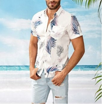 Men's Casual Short Sleeves Beach Shirt with Leaf Print Blue