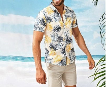 Men's Casual Short Sleeves Beach Shirt with Leaf Print Yellow