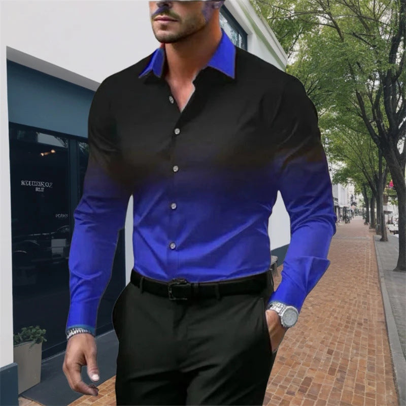 Men's Standard Fit Long Sleeves Casual Gradient Color Shirt Blue
