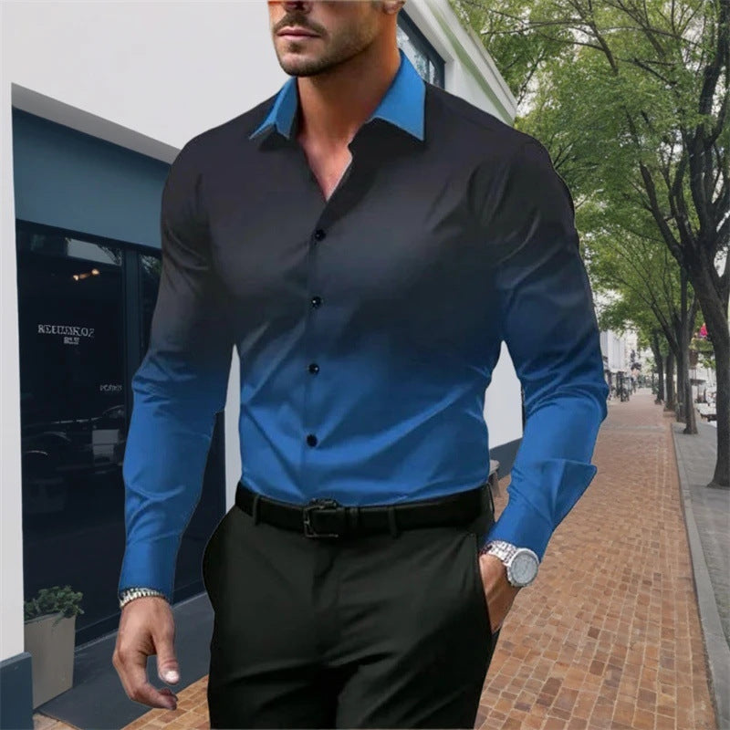 Men's Standard Fit Long Sleeves Casual Gradient Color Shirt Sky Blue