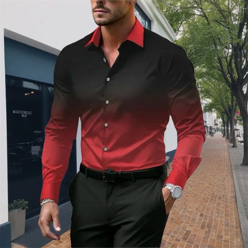 Men's Standard Fit Long Sleeves Casual Gradient Color Shirt Red