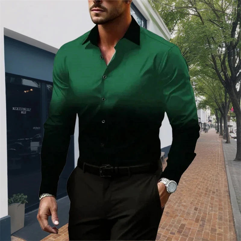 Men's Standard Fit Long Sleeves Casual Gradient Color Shirt Dark Green