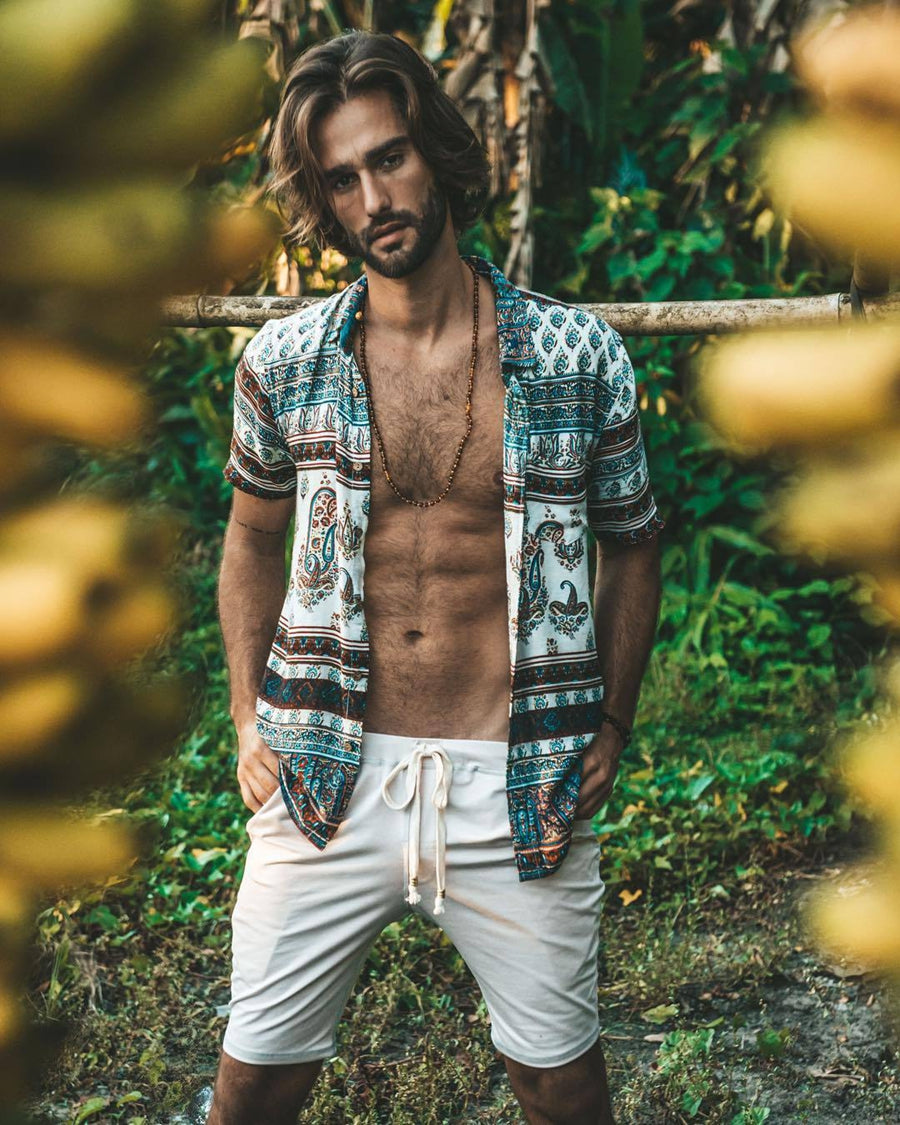 Men's Lapel Casual Short Sleeves Loose Beach Shirt with Printed White