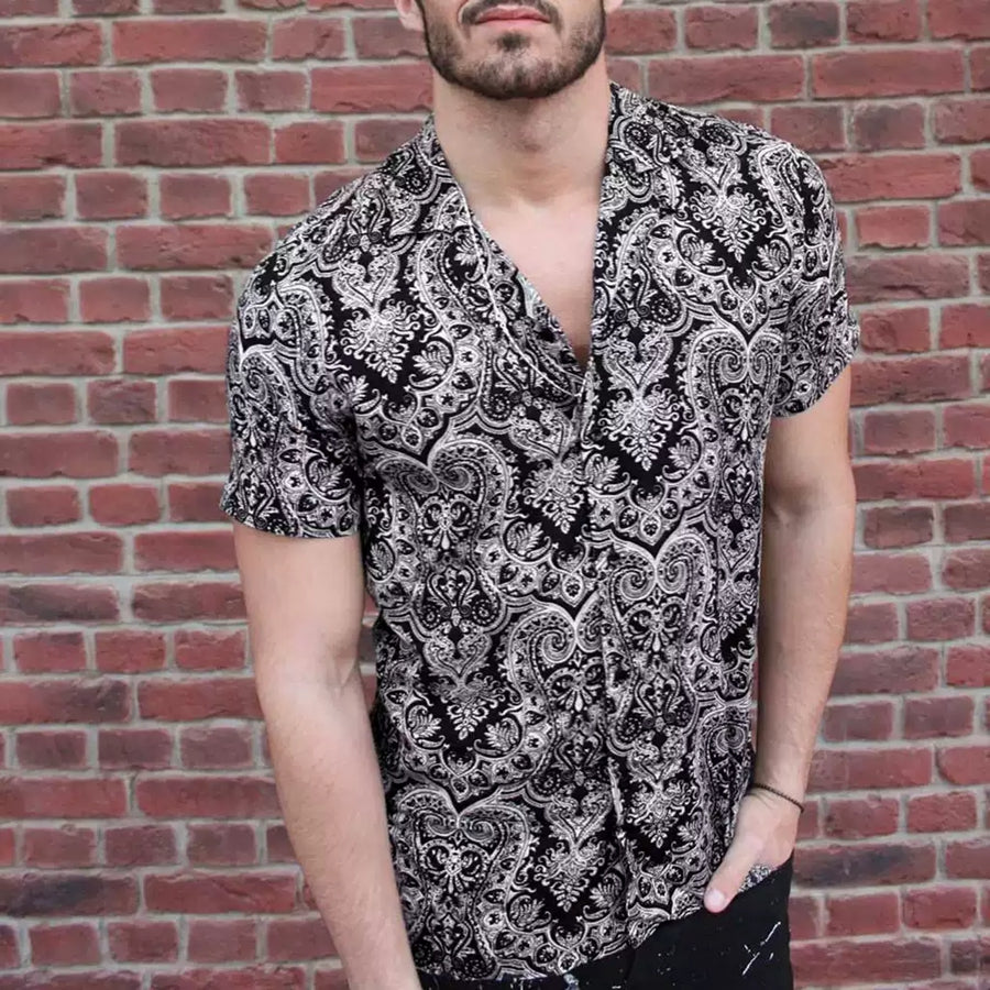 Men's Lapel Casual Short Sleeves Loose Beach Shirt with Floral Black
