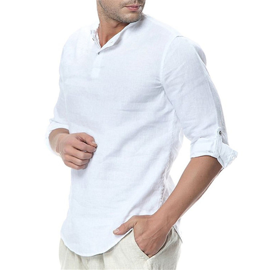 Men's Stand Collar Long Sleeves Casual Solid Color Shirt White