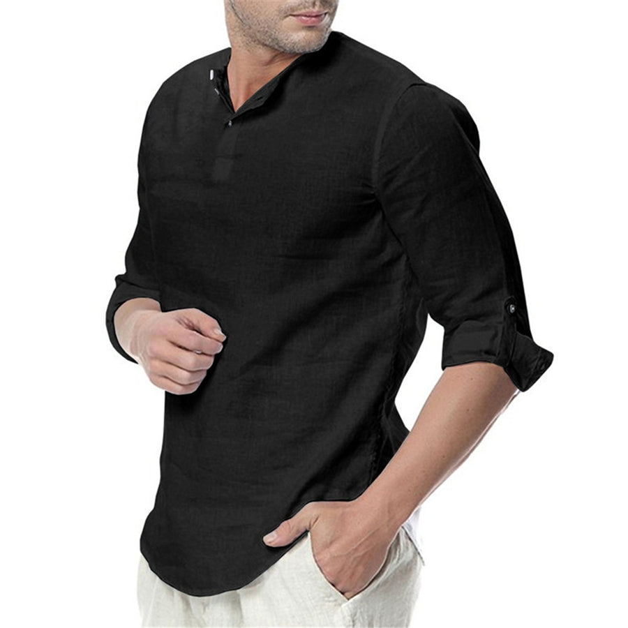Men's Stand Collar Long Sleeves Casual Solid Color Shirt Black