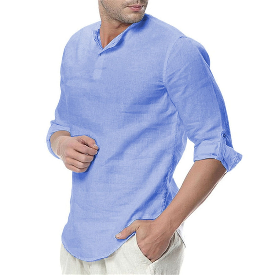 Men's Stand Collar Long Sleeves Casual Solid Color Shirt Light Blue