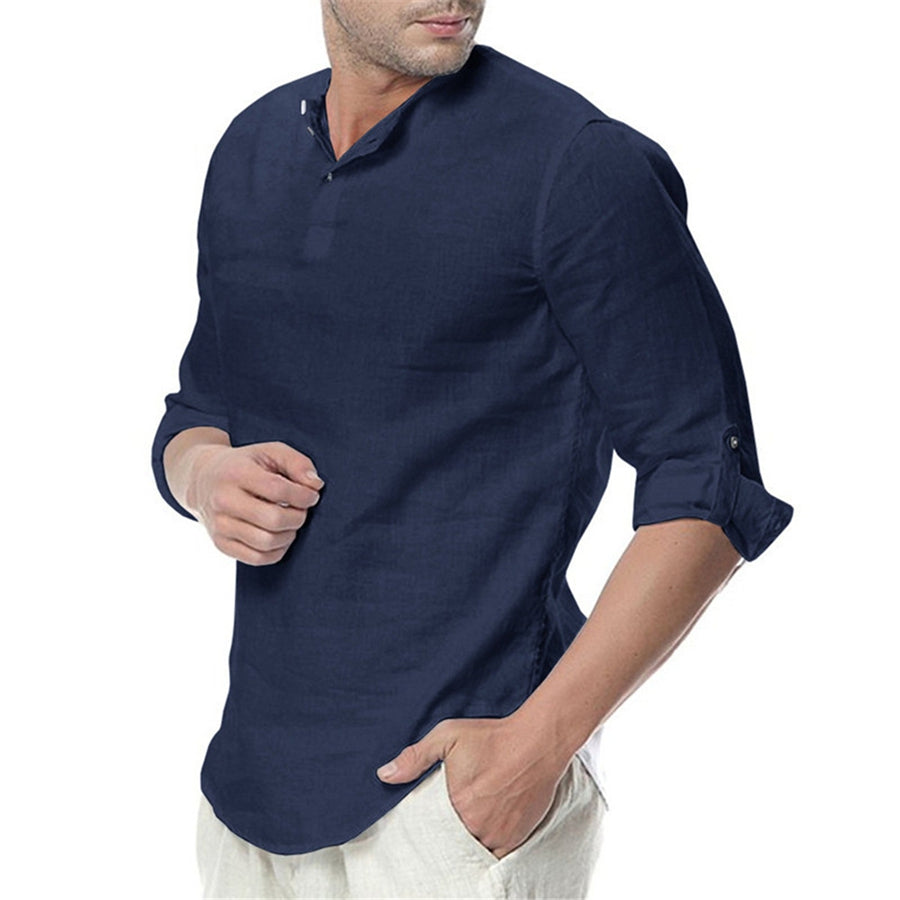 Men's Stand Collar Long Sleeves Casual Solid Color Shirt Navy Blue
