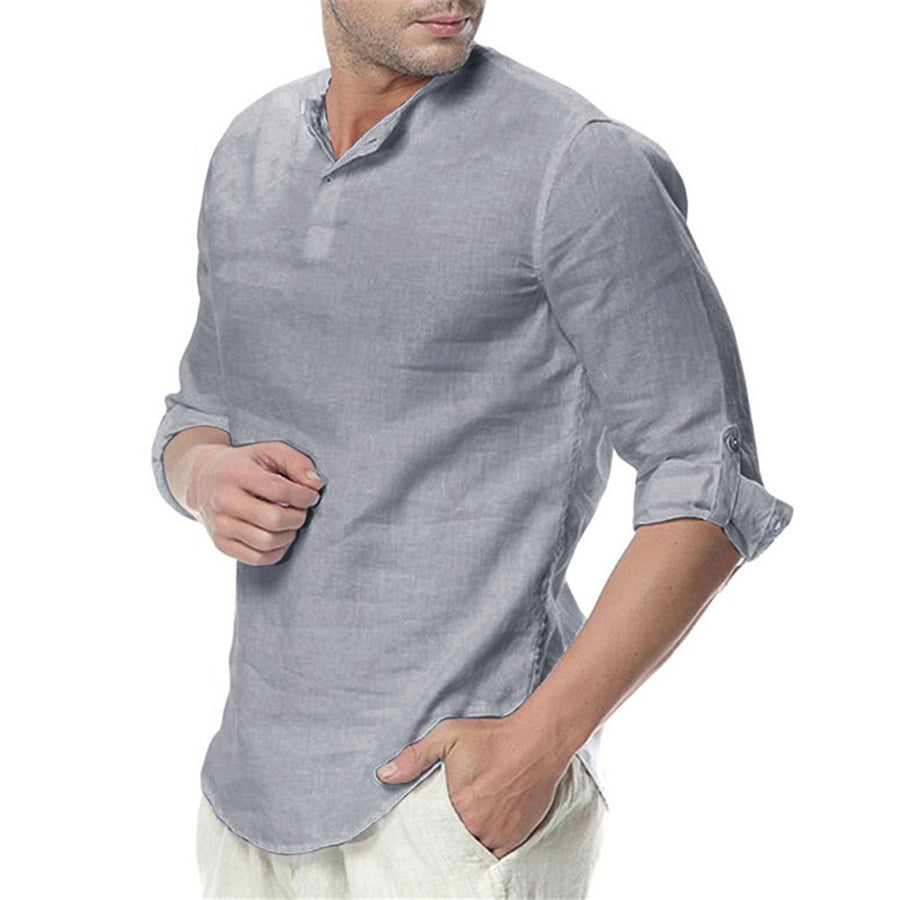 Men's Stand Collar Long Sleeves Casual Solid Color Shirt Gray