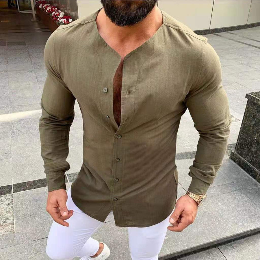 Men's Round Neck Long Sleeves Slim Fit Solid Color Shirt Army Green