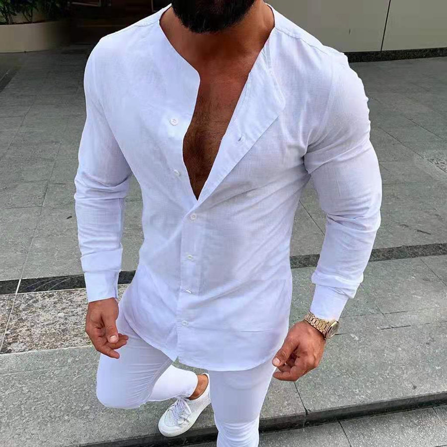 Men's Round Neck Long Sleeves Slim Fit Solid Color Shirt White