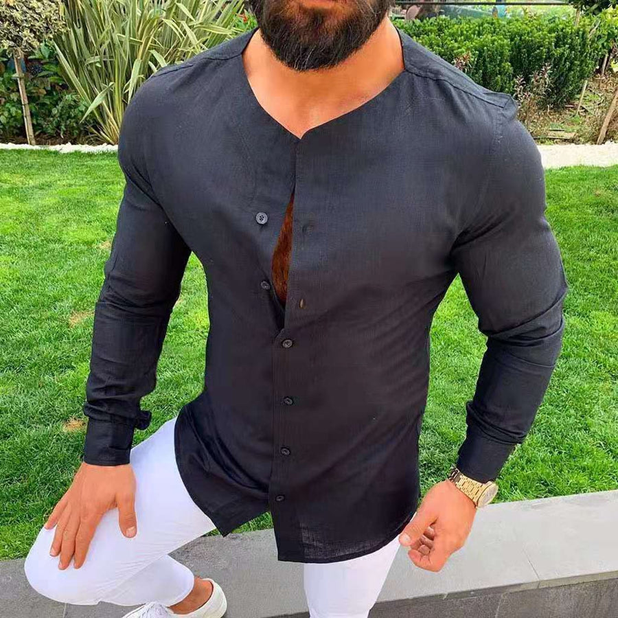 Men's Round Neck Long Sleeves Slim Fit Solid Color Shirt Black