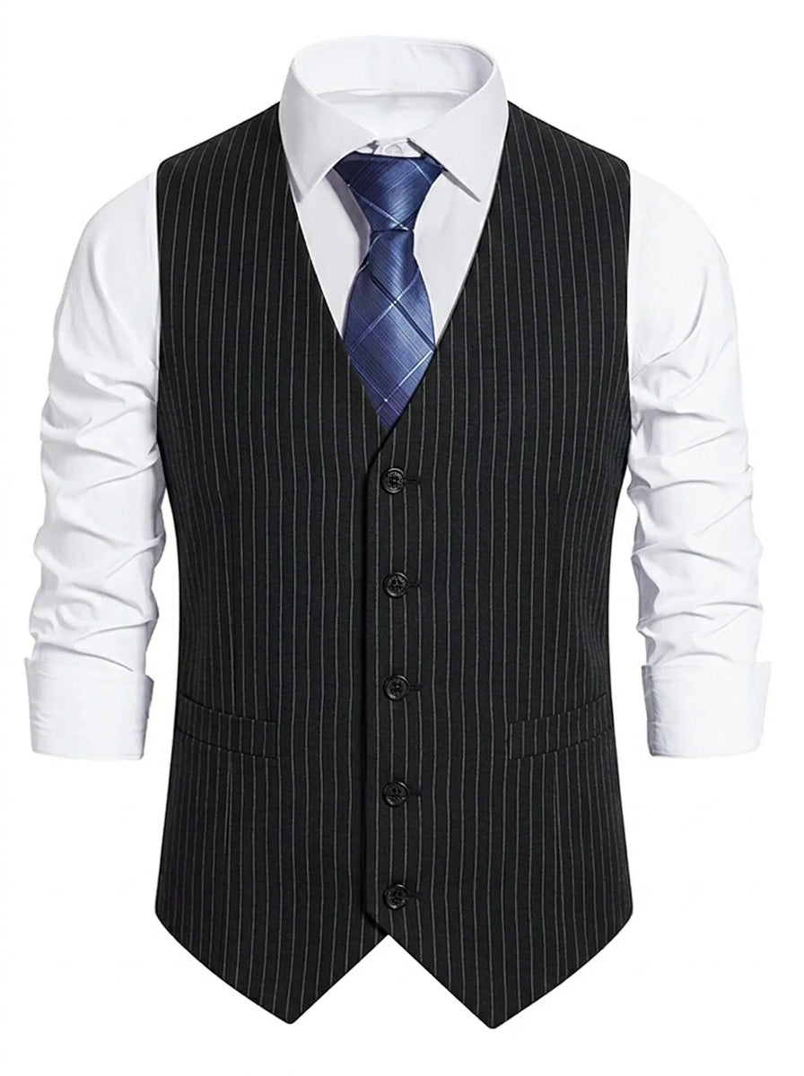 Black Men's Formal Striped Single Breasted Buttons Retro Vest Black