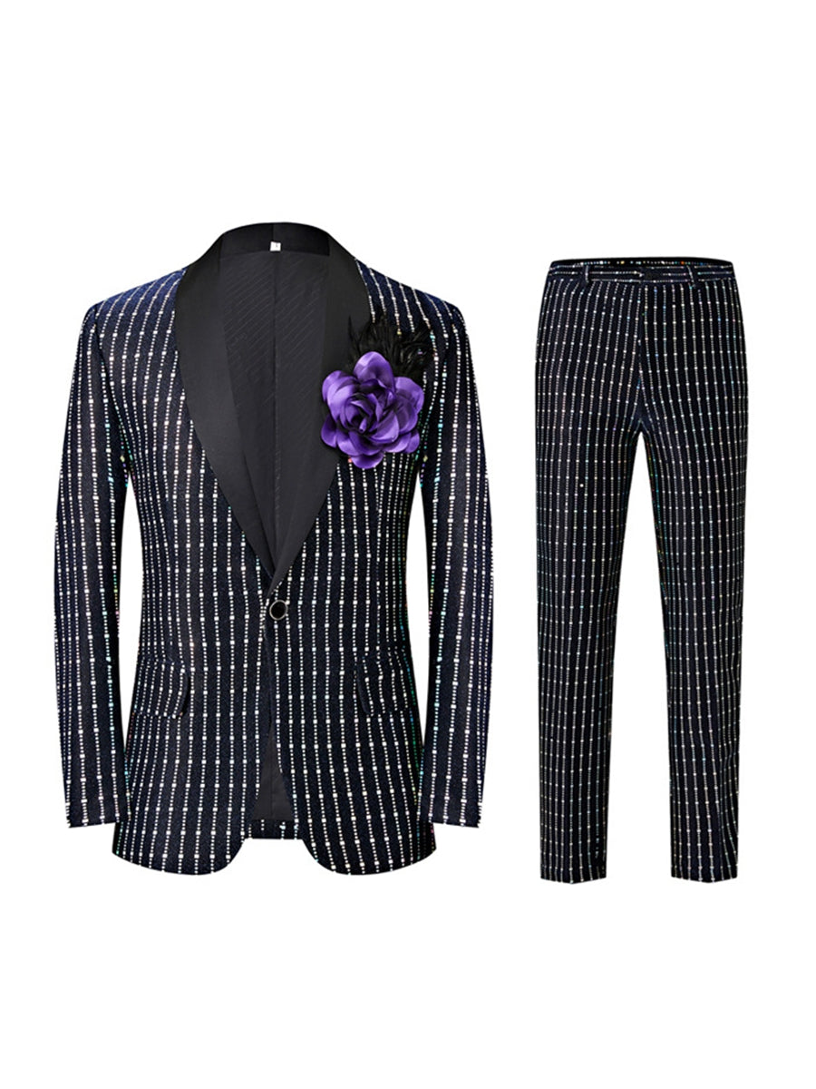 Black Retro Men's Tailored Fit Square Sequins Single Breasted One-Button Formal Party Suits Black
