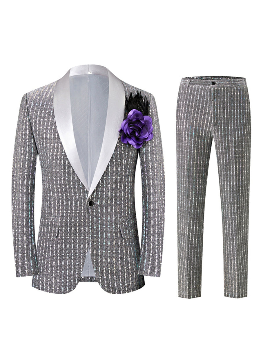 Black Retro Men's Tailored Fit Square Sequins Single Breasted One-Button Formal Party Suits Gray