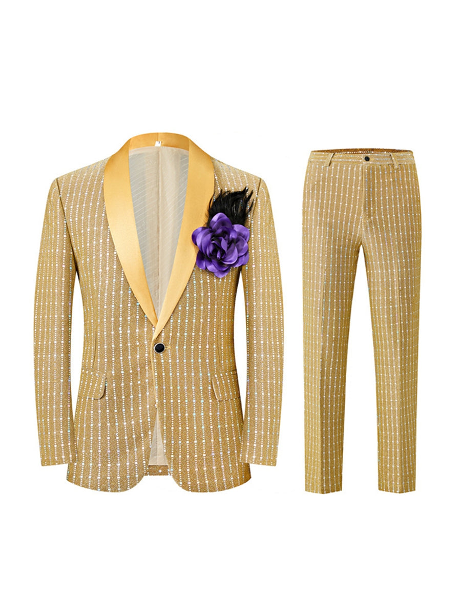 Black Retro Men's Tailored Fit Square Sequins Single Breasted One-Button Formal Party Suits Yellow