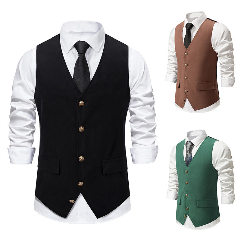 Black Men's Retro V-Neck Solid Single Breasted Buttons Casual Daily Vest with Pocket & Belt Black