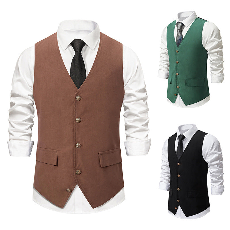 Black Men's Retro V-Neck Solid Single Breasted Buttons Casual Daily Vest with Pocket & Belt Coffee