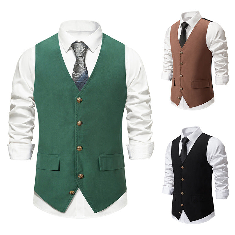 Black Men's Retro V-Neck Solid Single Breasted Buttons Casual Daily Vest with Pocket & Belt Green