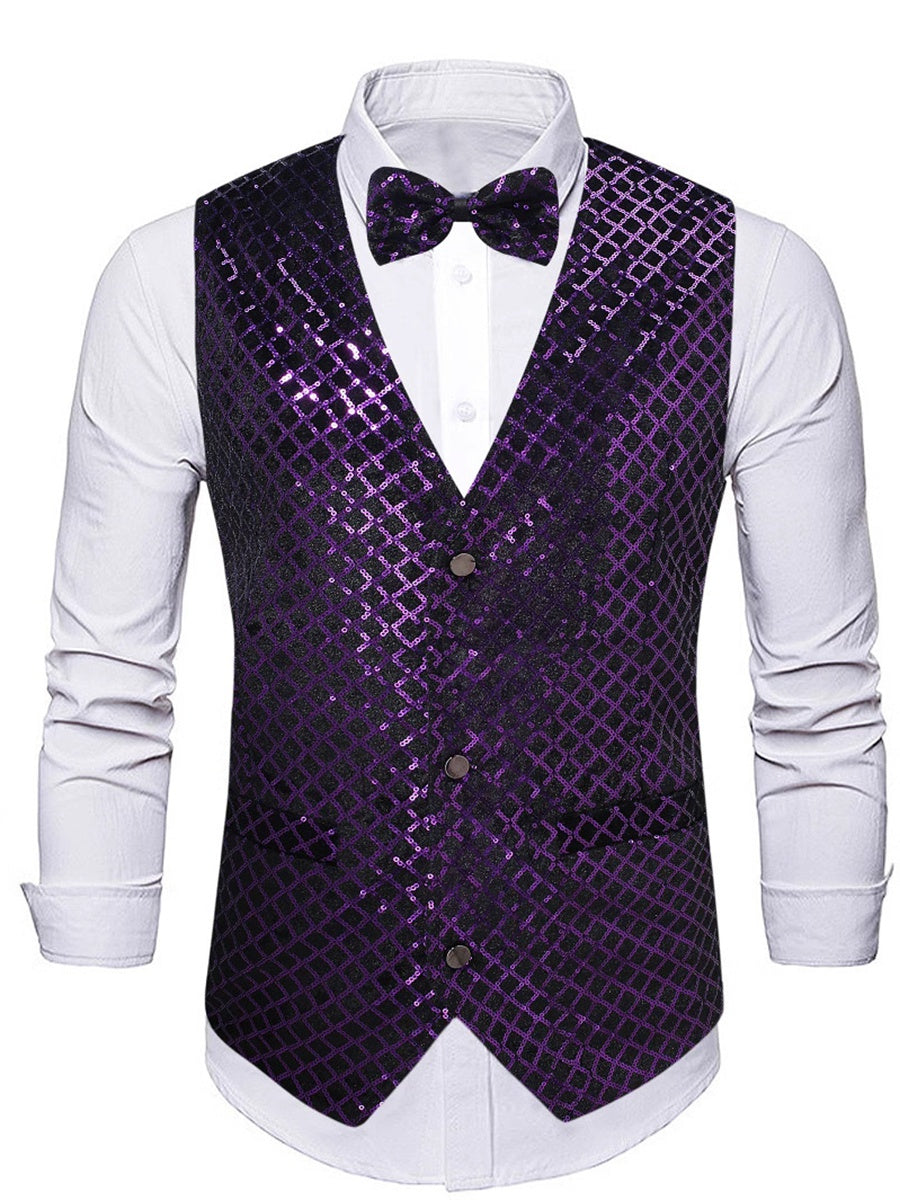 Purple Men's Sequins V-Neck Single Breasted Buttons Sparkling Party Vest with Pocket & Belt Purple