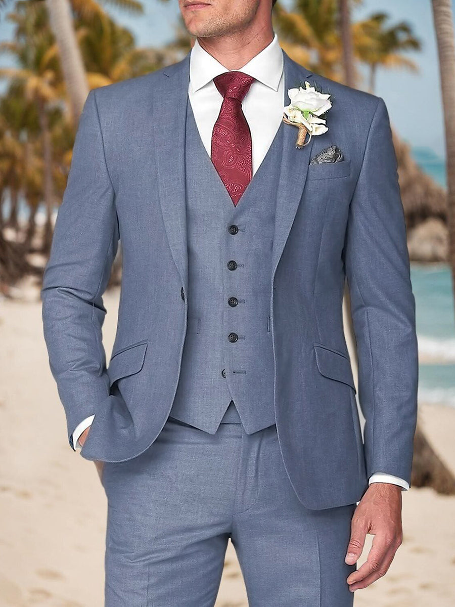 Dusty Blue Men's Tailored Fit Notch Single Breasted One-button Beach Wedding Party Suits Dusty Blue