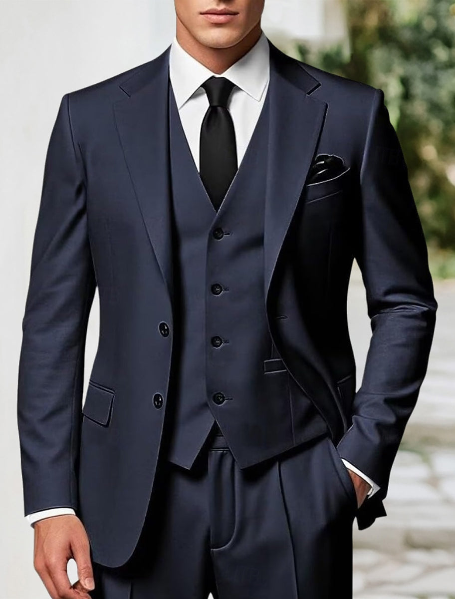 Navy Blue Men's Business Standard Fit Single Breasted Two-buttons 3 Pieces Wedding Party Suits Navy Blue