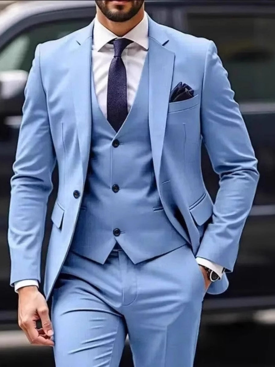 Sky Blue Men's 3 Pieces Standard Fit Single Breasted One-buttons Wedding Formal Party Suits Sky Blue