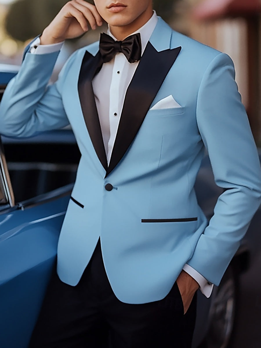 Sky Blue Men's Single Breasted One-Button Standard Fit Beach Wedding Prom Suits Black