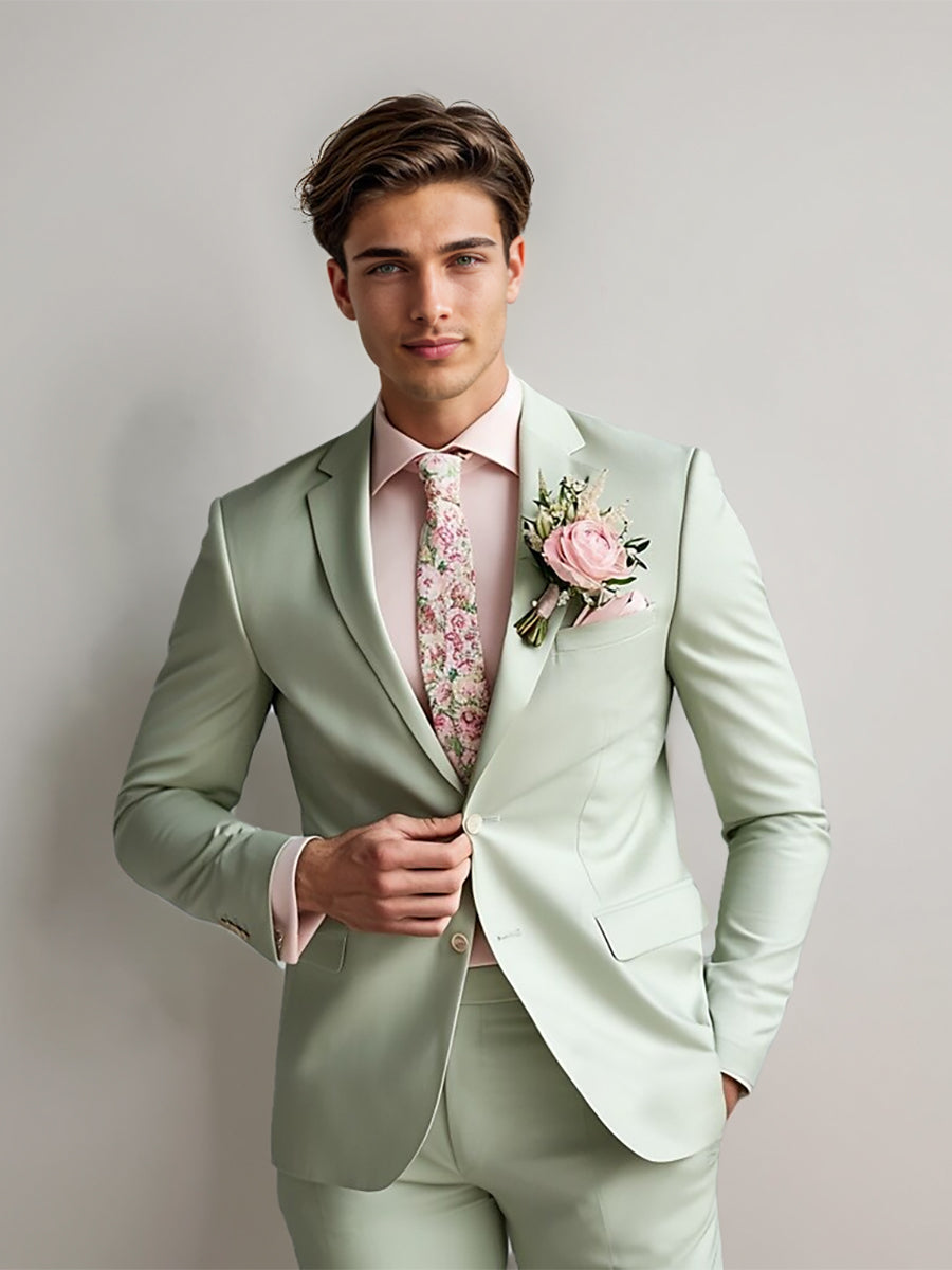 Men's Tailored Fit Single Breasted Two-Buttons Fashionable Solid Colored Beach Wedding Prom Party Suits Light Green