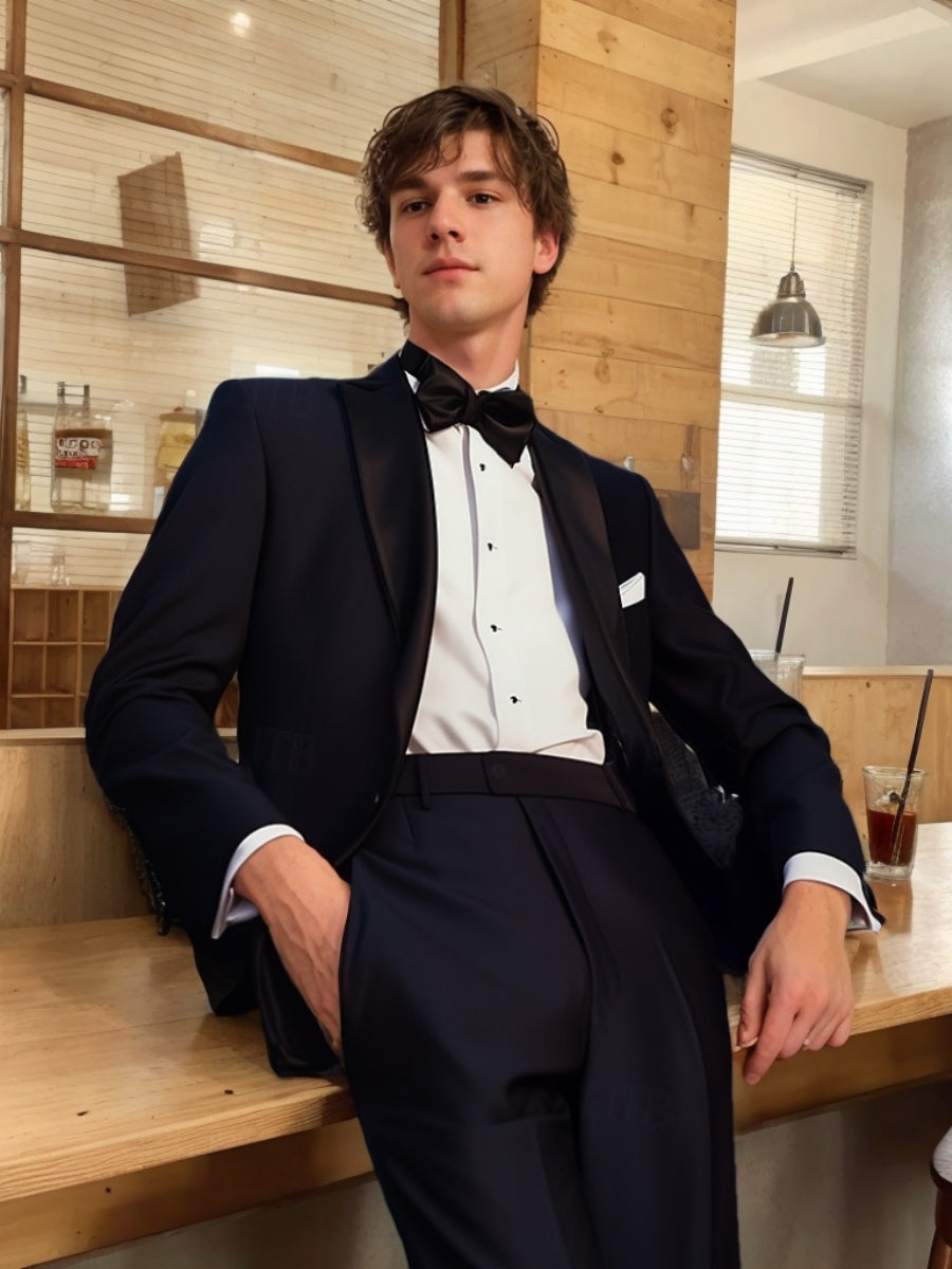 Men's Single Breasted One-button Peaked Lapel Luxurious Prom Party Suits Navy Blue