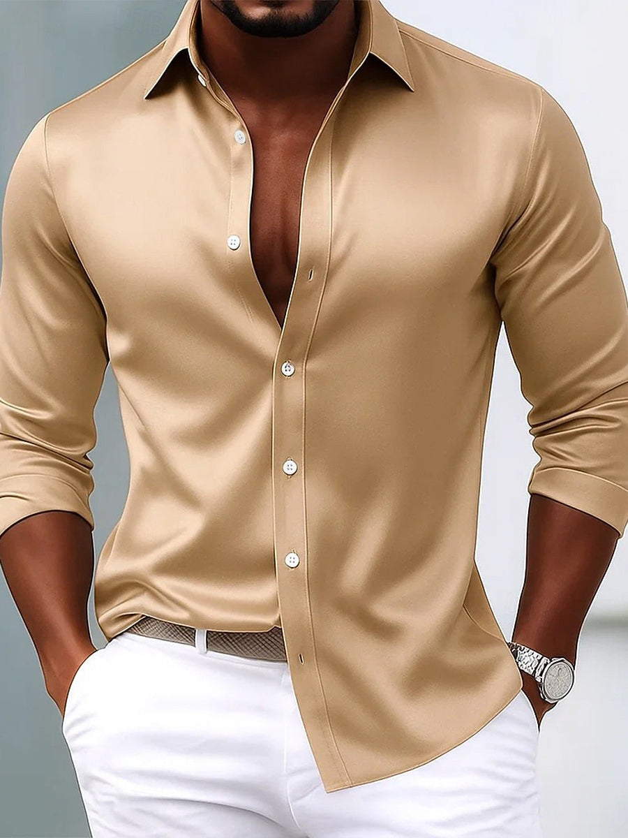 Men's Lapel Neck Long Sleeves Breathable Slim Fit Solid Color Shirt Gold