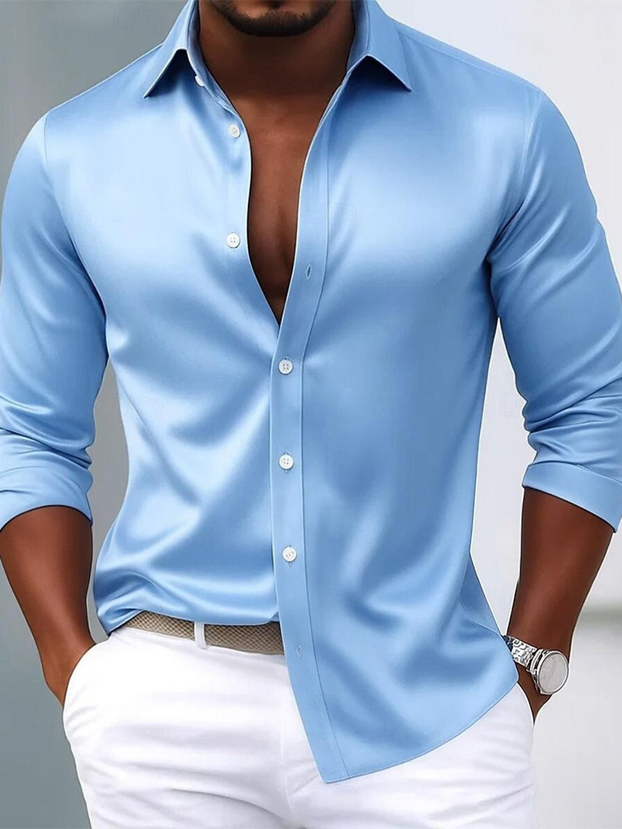 Men's Lapel Neck Long Sleeves Breathable Slim Fit Solid Color Shirt Light Blue